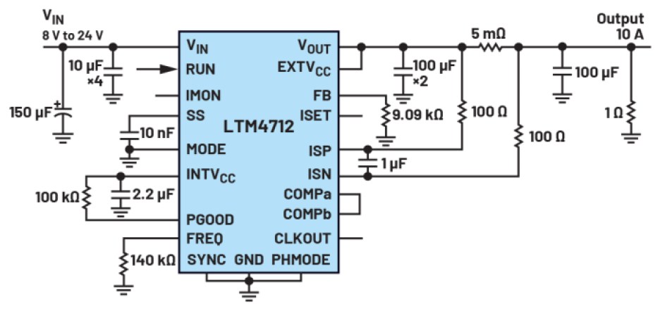 ADI LTM4712 example circuit of 10-A constant load current. 