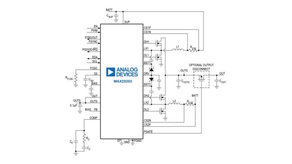 ADI MAX25203 boost controller simplified block diagram