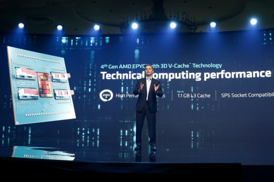 Dan McNamara, SVP and general manager for AMD’s server business unit unveils the 4th Gen EPYC processors with AMD 3D V-Cache technology for technical computing at AMD’s “Data Center and AI Technology Premiere” keynote.