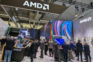 AMD's booth at MWC 2023, showcasing its latest 5G RF chips, processors and design kits.