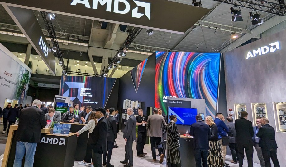 AMD's booth at MWC 2023, showcasing its latest 5G RF chips, processors and design kits.