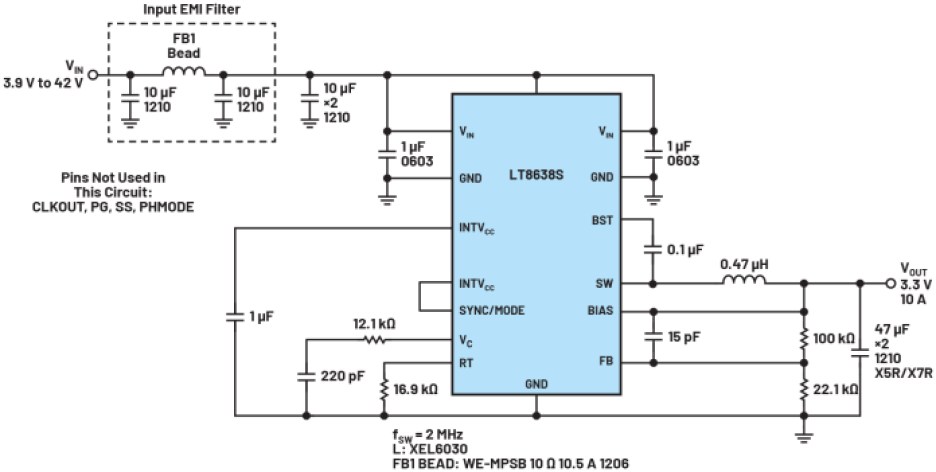 Analog Devices Fig. 4 An ultra-low-EMI LT8638S circuit