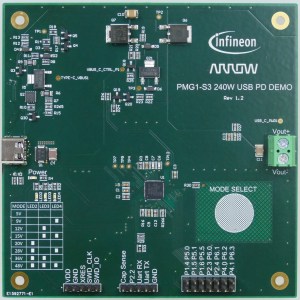 Arrow's and Infineon's 240-W USB PD 3.1 reference design board.