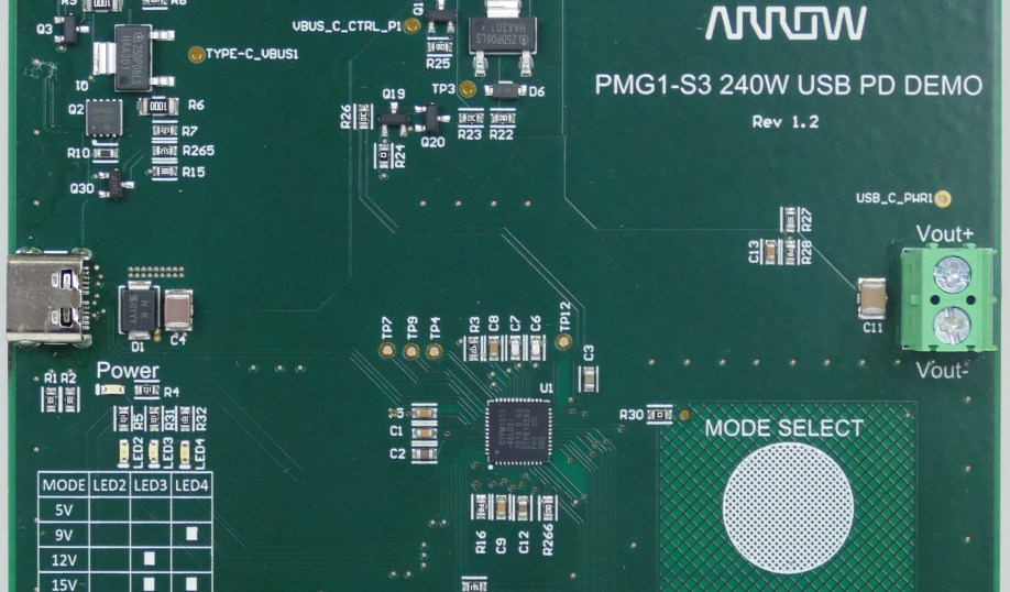 Arrow's and Infineon's 240-W USB PD 3.1 reference design board.