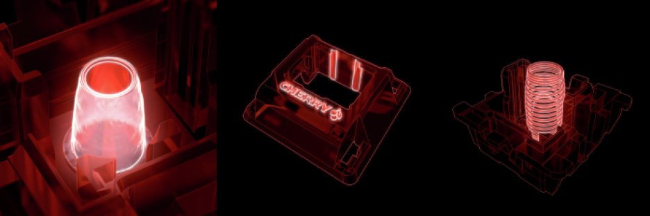 Cherry's MX2A mechanical switch illustration, showing a new socket dome with high-precision ring lubrication (left), new stem guidance ribs (center) and an updated spring geometry (right). 