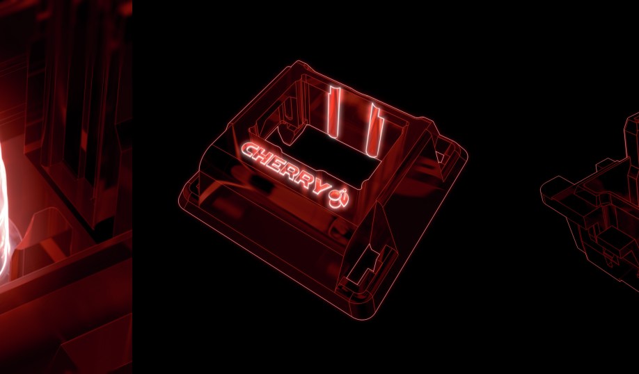 Cherry's MX2A mechanical switch illustration, showing a new socket dome with high-precision ring lubrication (left), new stem guidance ribs (center) and an updated spring geometry (right).