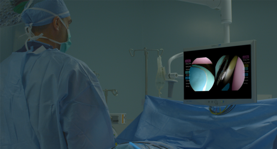 Surgeon in operating room using medical imaging with AI.