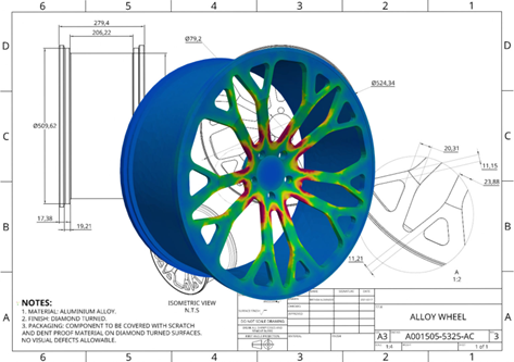 FEA example of a vehicle alloy wheel.