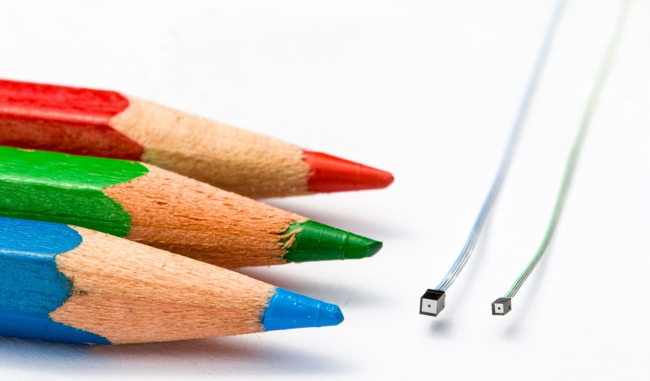 Size comparison between pencil tips and ams OSRAM NanEyeM camera module.