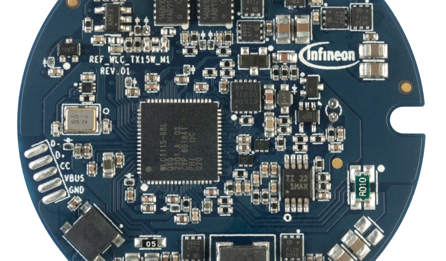 Infineon's Qi2 wireless charging transmitter reference design kit board.