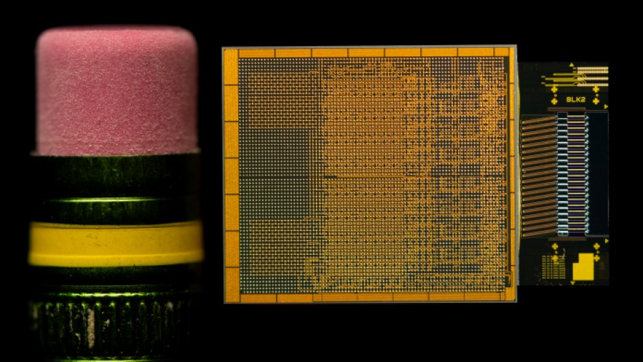 Intel's prototype optical I/O chiplet for AI workloads.