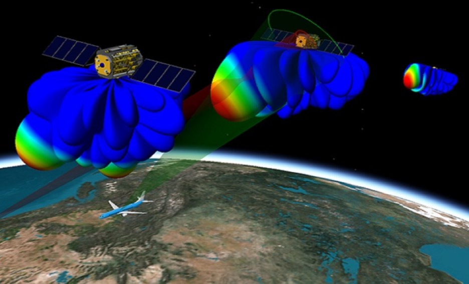 Graphical representation of NTN communications transmission from satellites provided by Keysight Technologies.