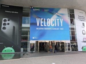 Entrance to MWC 2023 highlights the event's key theme of Velocity.