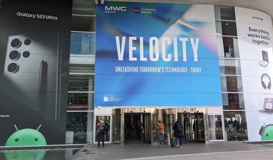 Entrance to MWC 2023 highlights the event's key theme of Velocity.