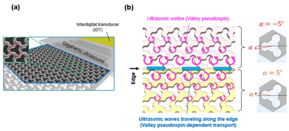 Electron micrographs of a fabricated device (a) and ultrasonic waveguide (b). 