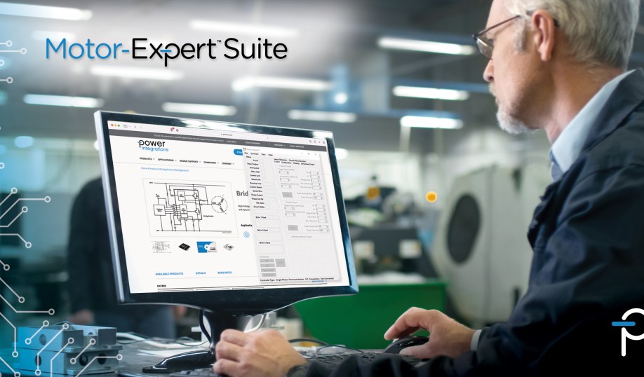 Display screenshot shows Power Integrations Motor-Expert configuration and diagnostics tool for motor control and drive development.