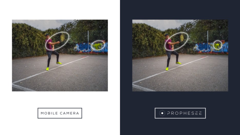 Comparison of preliminary deblurring results in a high-speed scene, using the Prophesee Metavision sensor and algorithms with the Snapdragon platform. versus a mobile camera.