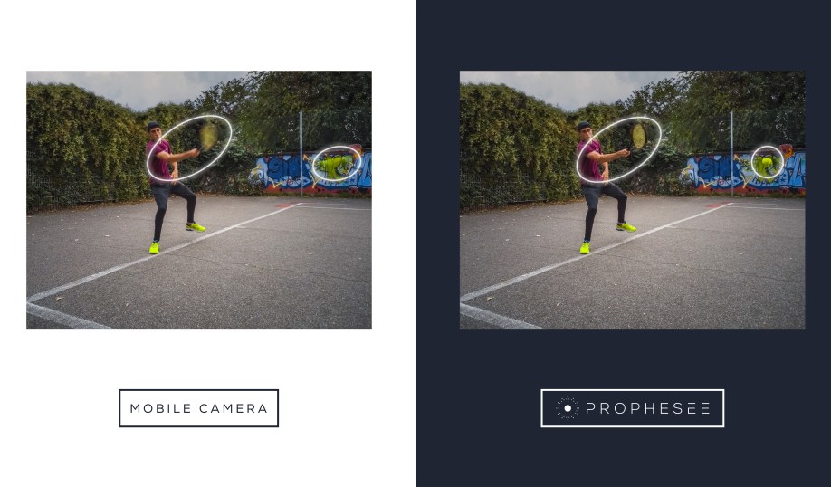 Comparison of preliminary deblurring results in a high-speed scene, using the Prophesee Metavision sensor and algorithms with the Snapdragon platform. versus a mobile camera.