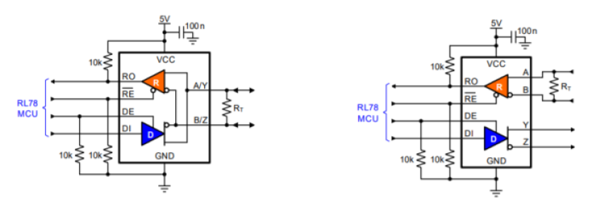 Renesas typical operating circuits of RAA78815x RS-485/422 transceivers