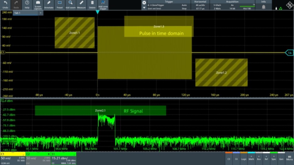 Oscilloscope zone triggering for a specific RF chirp length in the time domain and chirp exceeding a certain power level in the frequency domain. 