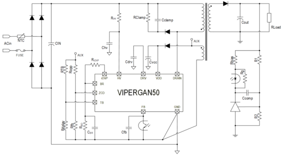 STMicroelectronic VIPerGaN50 flyback converter typical configuration with full features