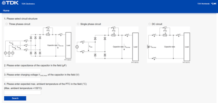 TDK selection tool for PTC inrush current limiters