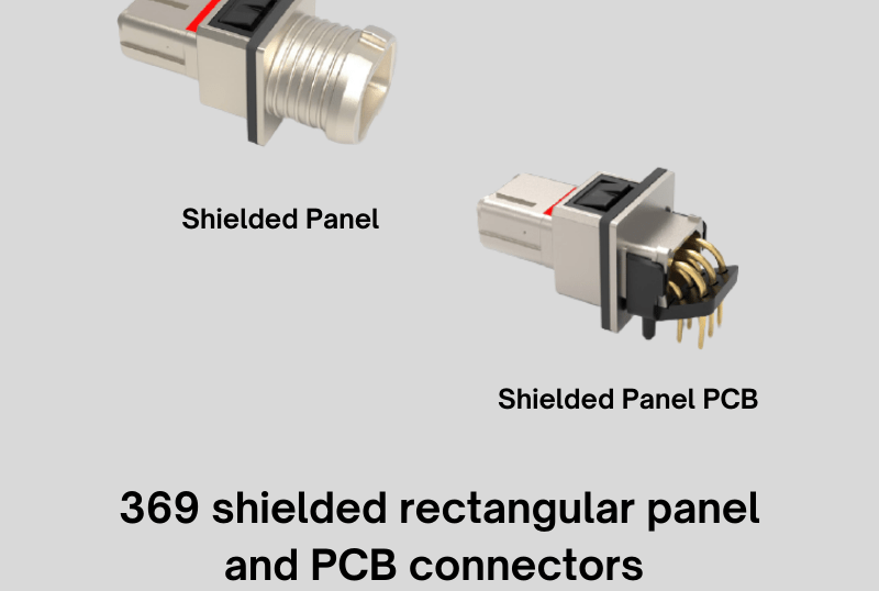 TE Connectivity's 369 series of shielded rectangular panel and PCB connectors.