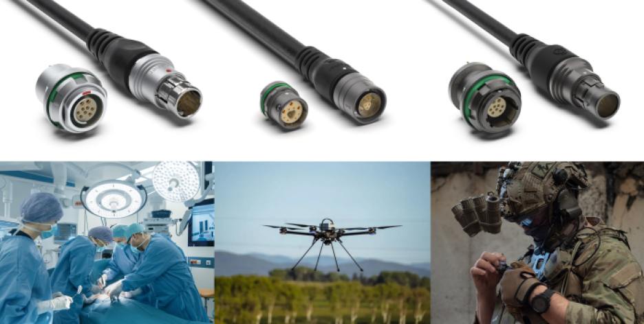 Fischer Connectors’ Core Series (left), MiniMax Series (center) and UltiMate Series (right).