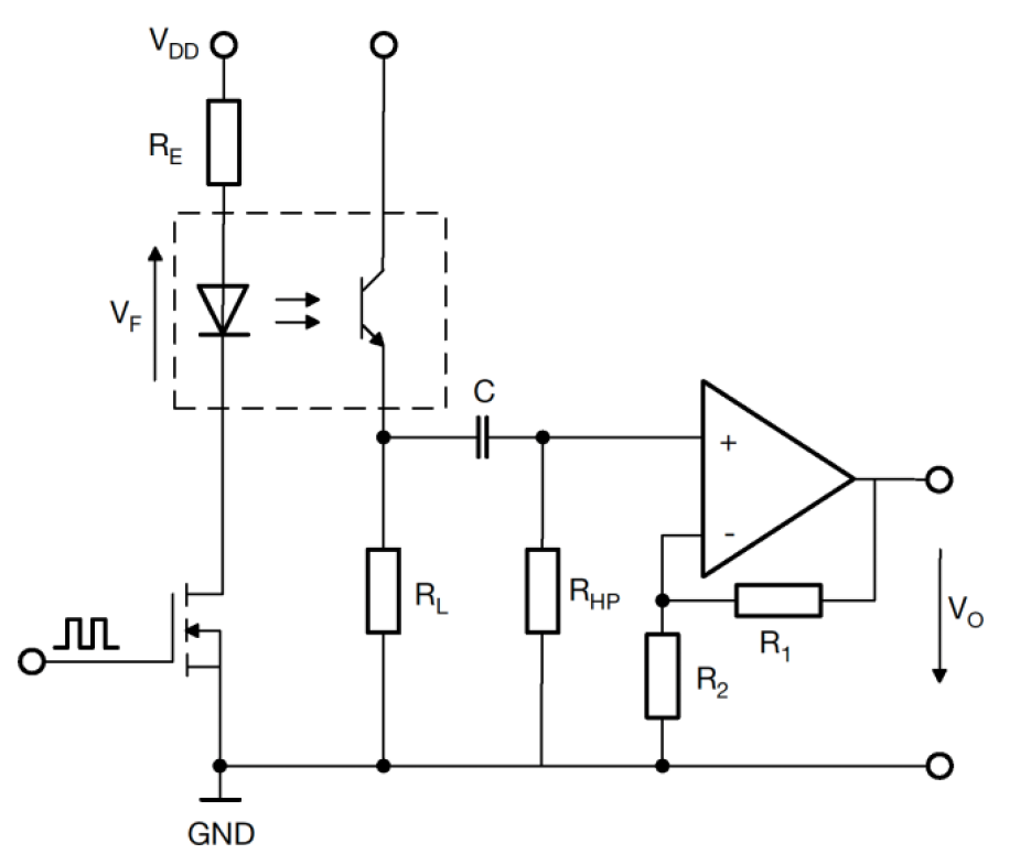 Vishay schematic showing DC light-suppression circuitry and a high-pass filter at the detector in optical sensors.