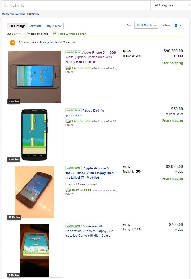 ebay iPhone listings with Flappy Birds