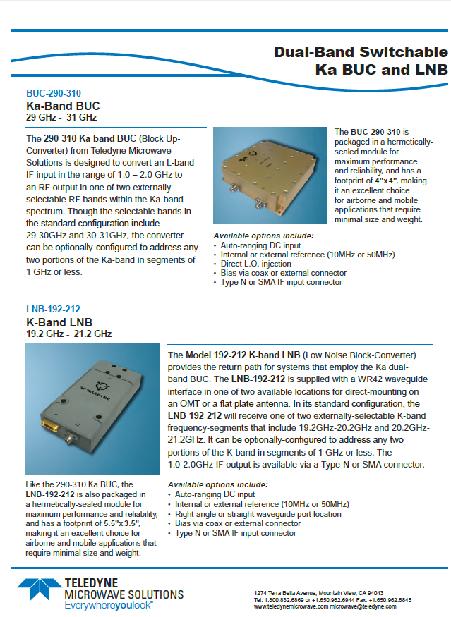 Teledyne Microwave Solutions -Dual Band Switchable Ka BUC & LNB