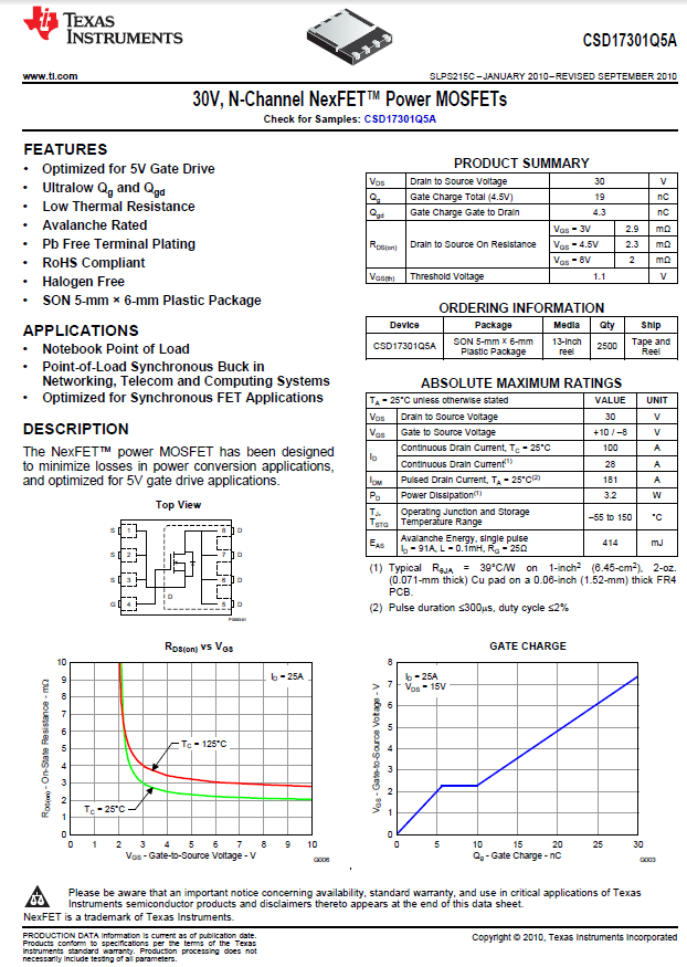 TI - 30v, N-Channel NexFet Power MOSFETs