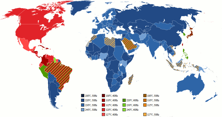 Standard electricity voltage by country.