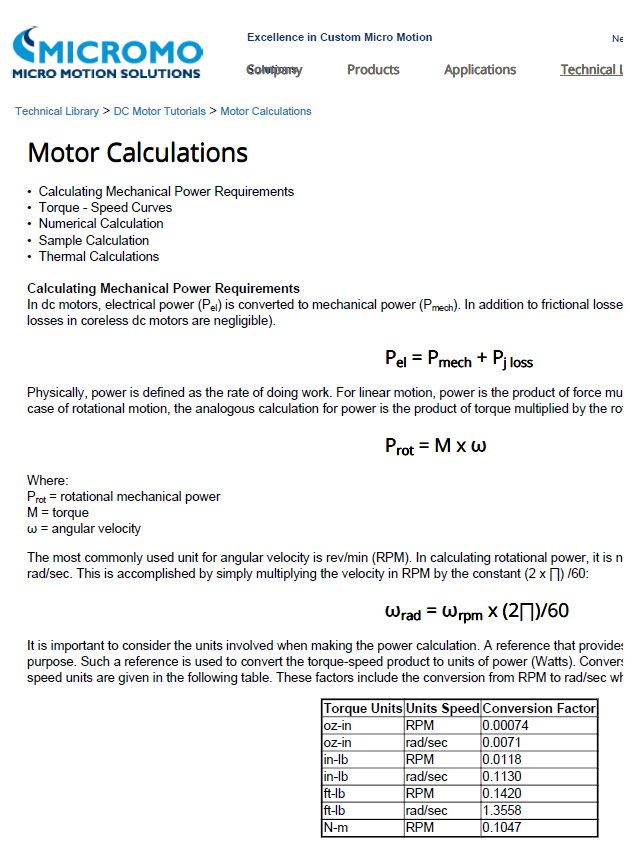 Micromo Motor Calculations