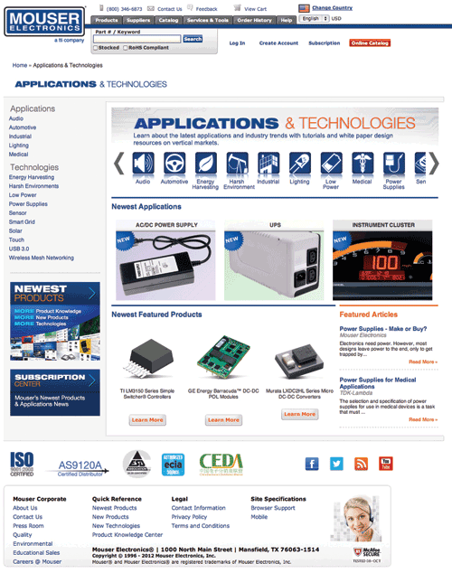 Mouser Optimizes Website with NEWEST Products and Applications &#038; Technologies Sites