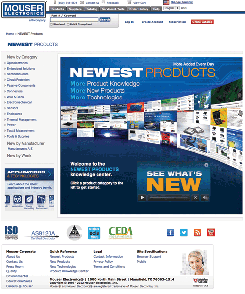 Mouser Optimizes Website with NEWEST Products and Applications &#038; Technologies Sites