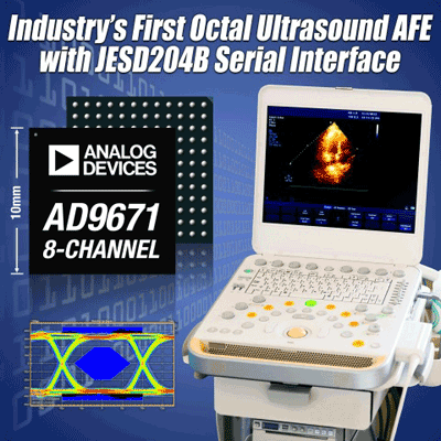 Octal ultrasound receiver with JESD204B serial interface reduces data I/O routing