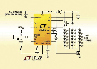 LED controller outputs voltage up to 100 V