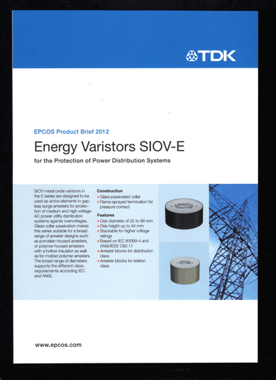 TDK product brief features EPCOS energy varistors for power distribution systems