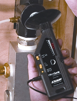 Ultrasonic detector makes air leak audible