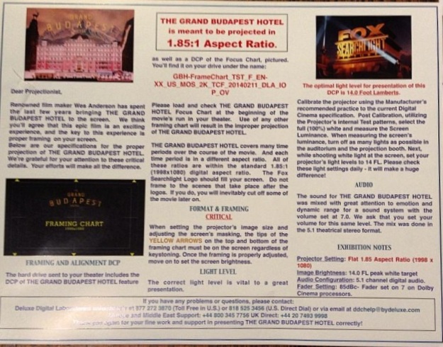 Grand Budapest Hotel projecting instructions