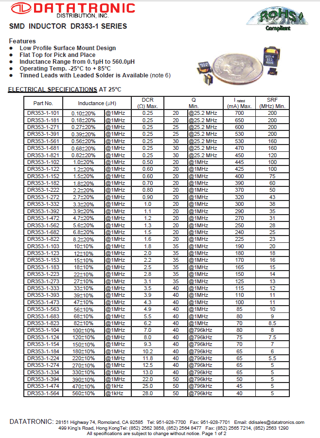 Datatronics - SMD Inductor DR353-1