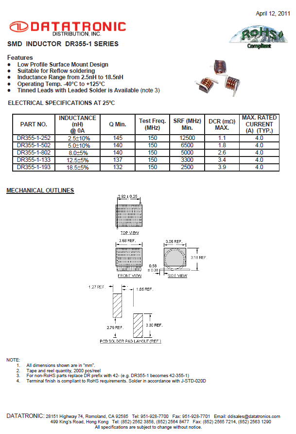 Datatronics - Inductor DR355-1