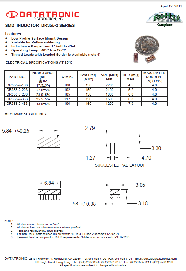 Datatronics - SMD Inductor DR355-2