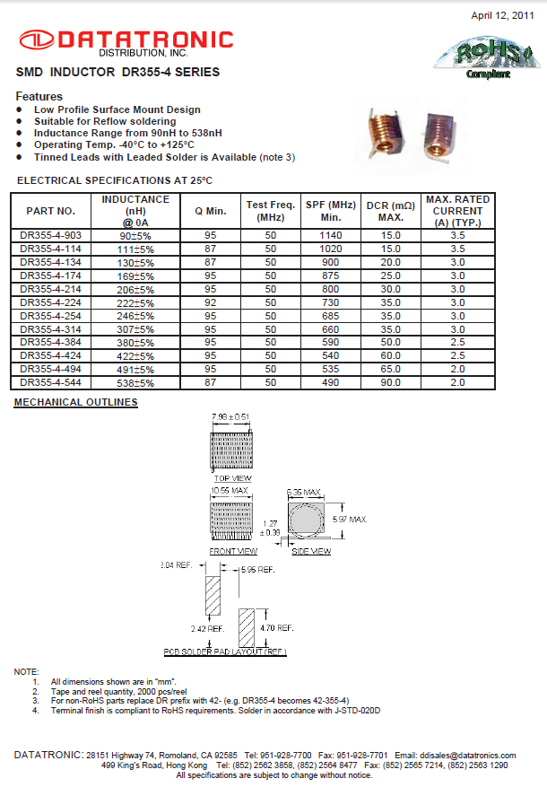 Datatronics - SMD Inductor DR355-4