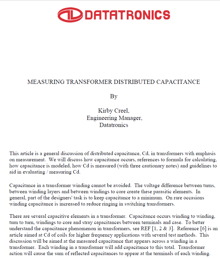 Datatronics - Measuring Trfr Distributed Capacitance