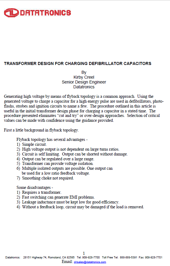 Datatronics - Trfr design for Chg Defibrillator