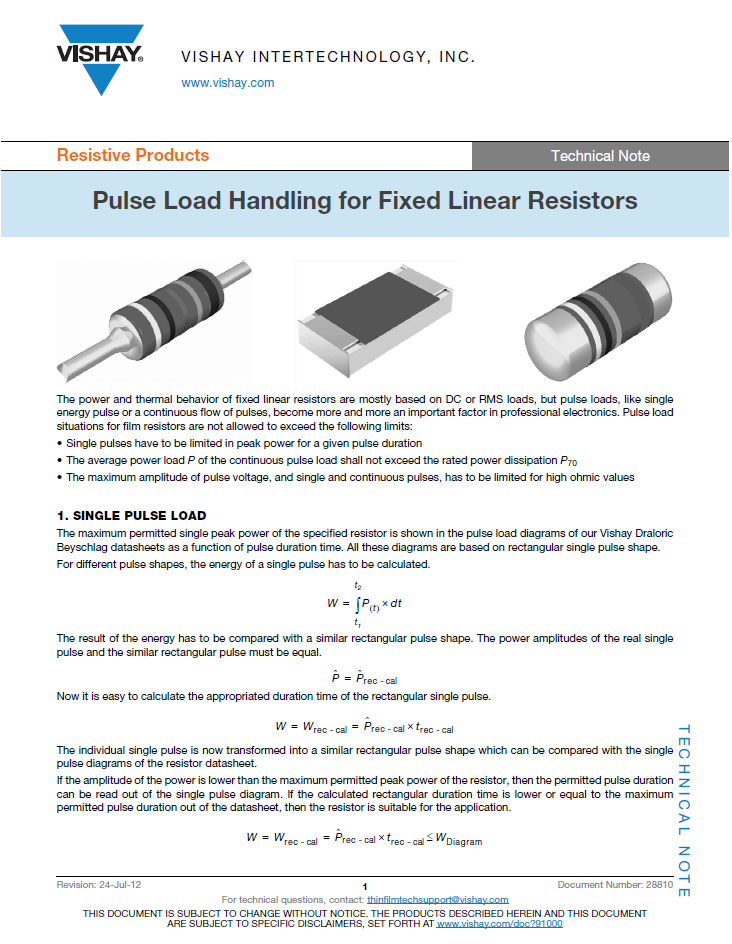 Vishay Intertechnology - Pulse Load Handling for Fixed Linear Resistors