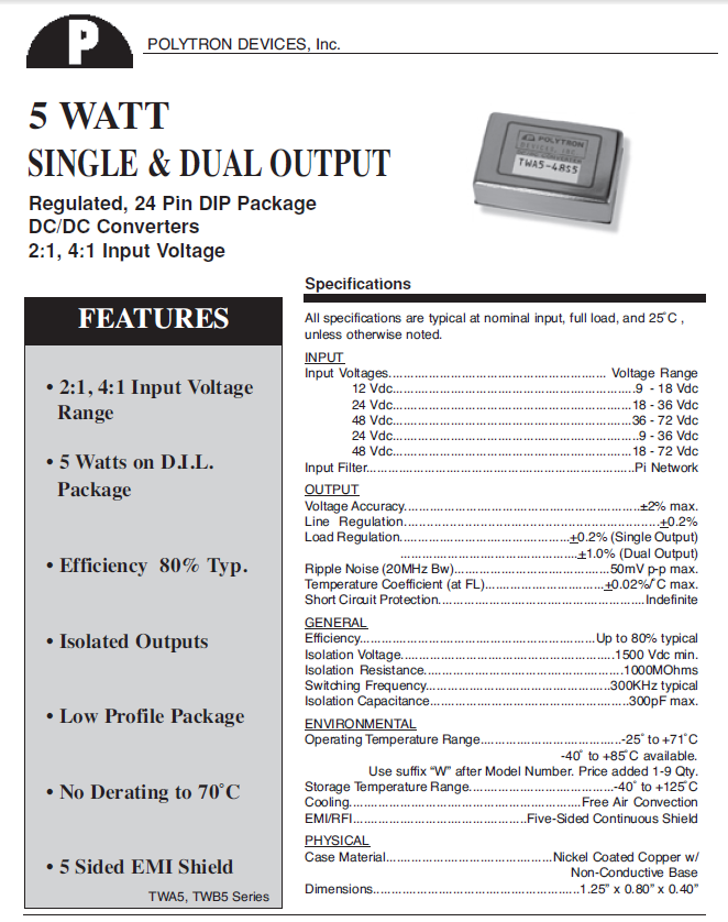 Polytron 5 Watt Regulated DC/DC Converters