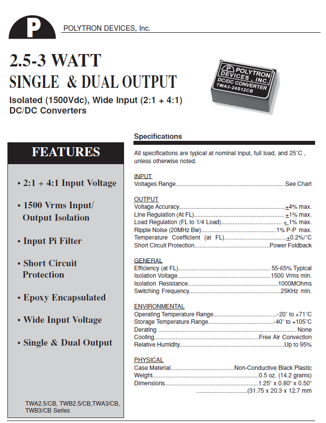 Polytron 3 Watt DC/DC Converters w/High Isolation